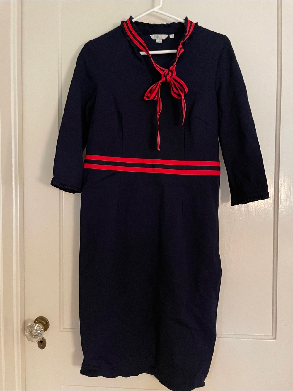 Boden Navy Dress with Red Ribbon Trim and Bow
